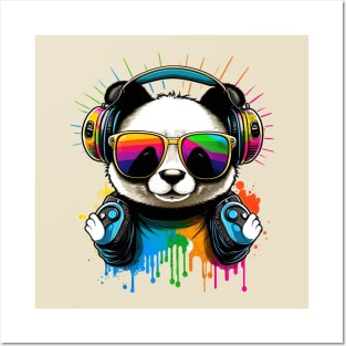 Happy Kawaii Panda with Sunglasses and Headphones Posters and Art